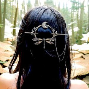 Fairy Core Dragon Fly Hair Accessory, with decorative chain, Moon, Silver
